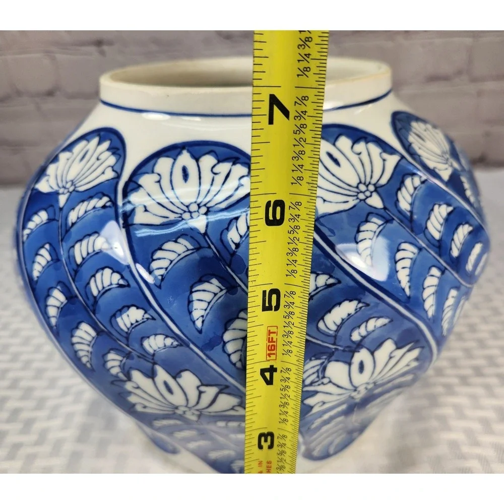 Vintage Chinese Porcelain Blue White Fishbowl Planter Vase Abstract Floral Leaf